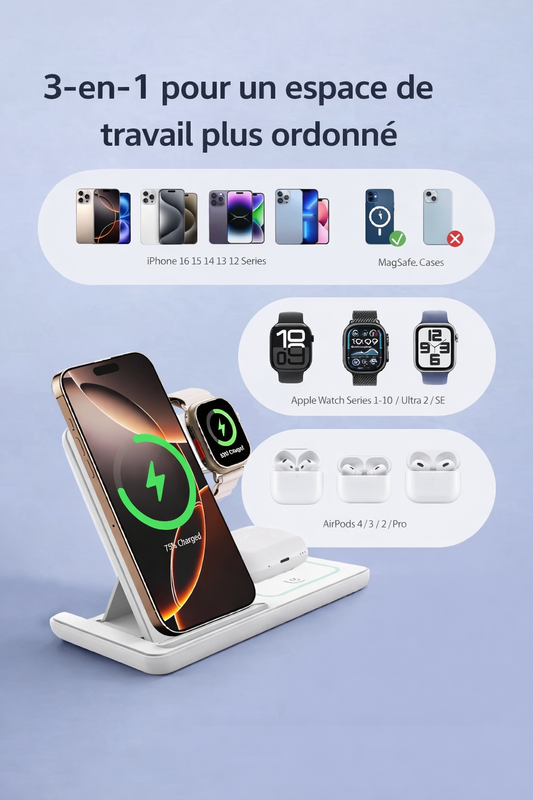 Chargeur Sans Fil 3-en-1 Pliable 30 W avec LED